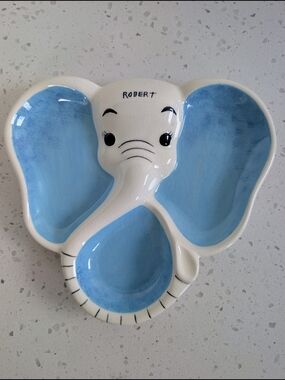 Vintage Blue & White Elephant Ceramic Wall Art Bowl